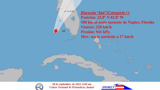 Aviso de Ciclón Tropical No. 26: Ian se aproxima a la costa oeste de la Florida y alcanza la categoría cuatro