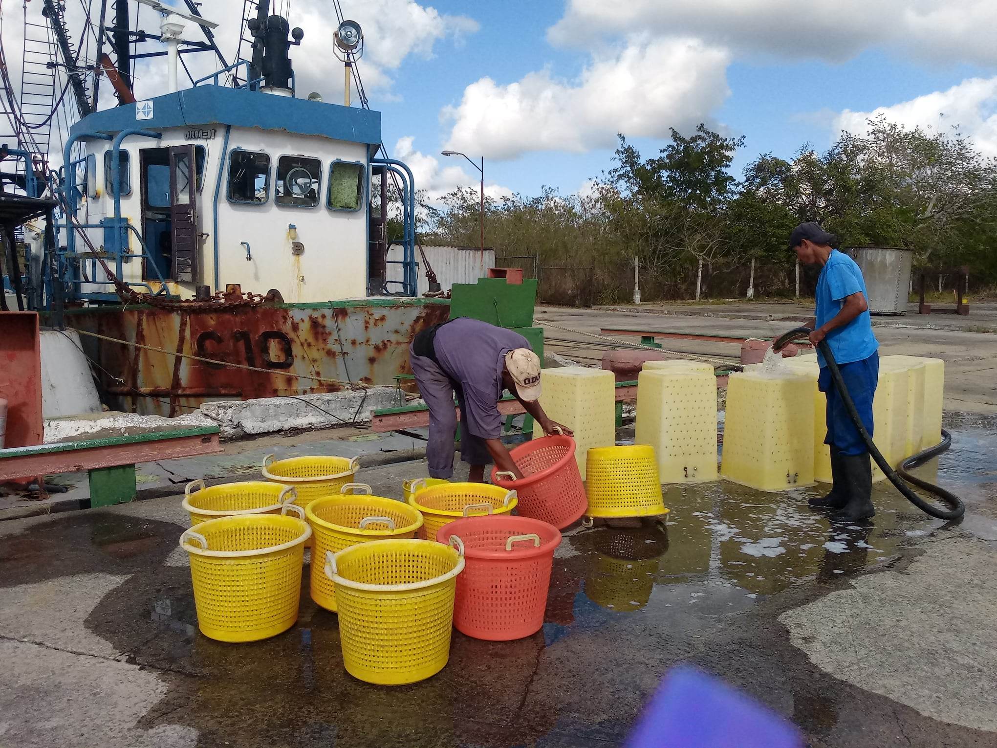 Marineros de Cienfuegos ultimando detalles para capturar camarones y otras especies marinas.