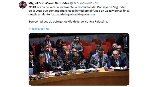 Denuncia Cuba complicidad de EEUU con genocidio israelí en Gaza