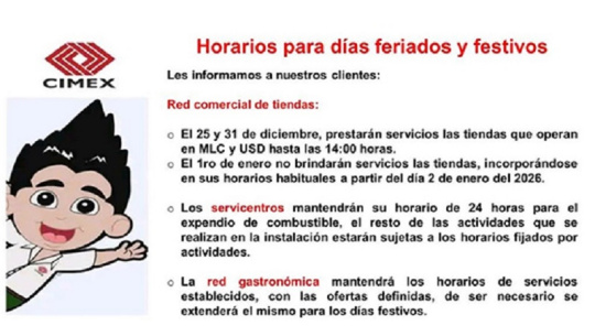 Anuncia Cimex horarios de servicios durante los días festivos
